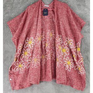 Passage Poncho Sweater Womens One Size Pink Floral Short Sleeve Open Cardigan